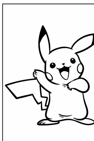 Página para colorir de Pikachu mostrando Pikachu em pé, sorrindo e levantando um braço com a cauda visível. Desenhos para colorir para fãs de todas as idades! Para colorir.