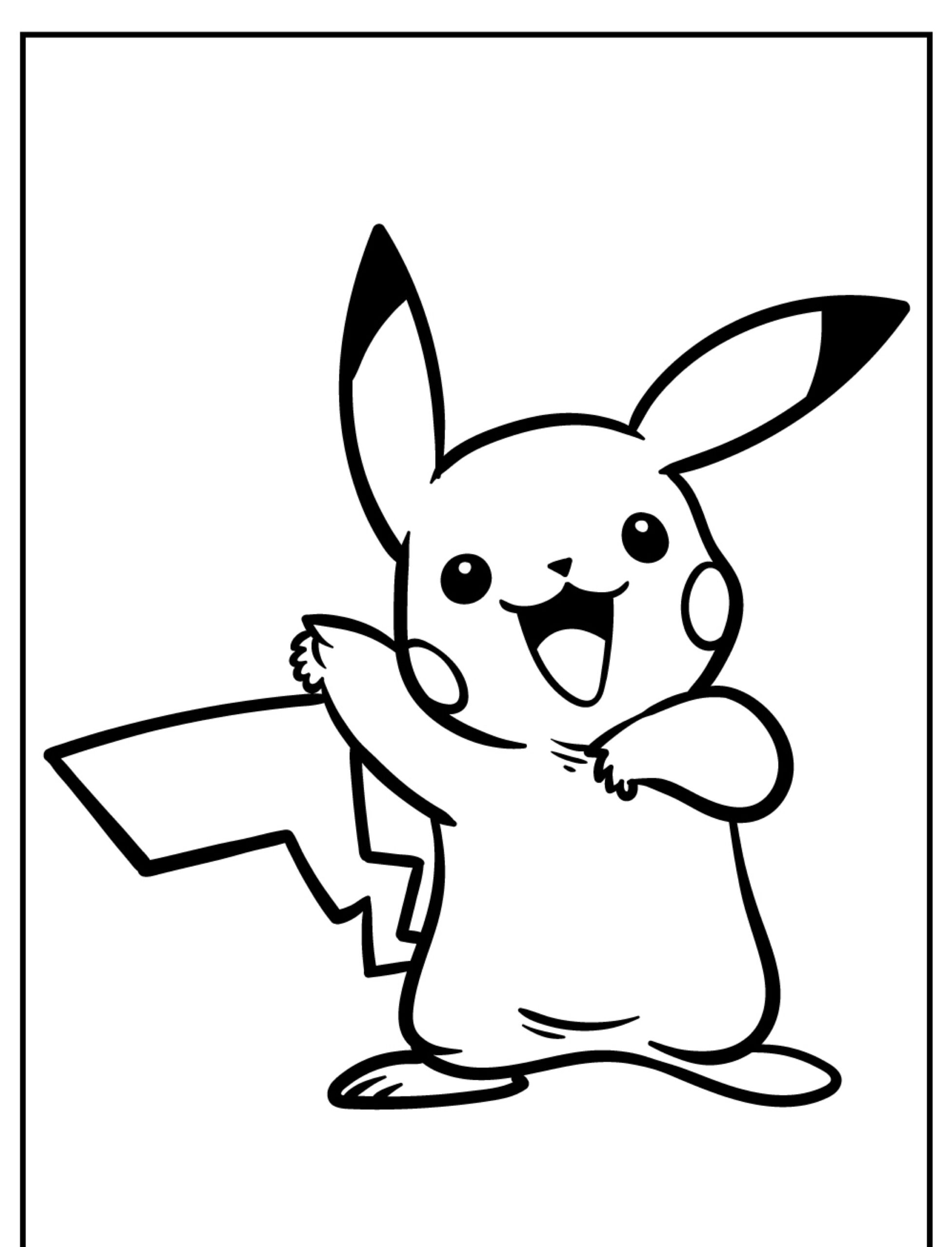 Página para colorir de Pikachu mostrando Pikachu em pé, sorrindo e levantando um braço com a cauda visível. Desenhos para colorir para fãs de todas as idades! Para colorir.