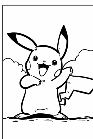 Um desenho em preto e branco do Pikachu em pé com um braço levantado, sorrindo e nuvens ao fundo, perfeito para crianças colorirem. Para colorir.