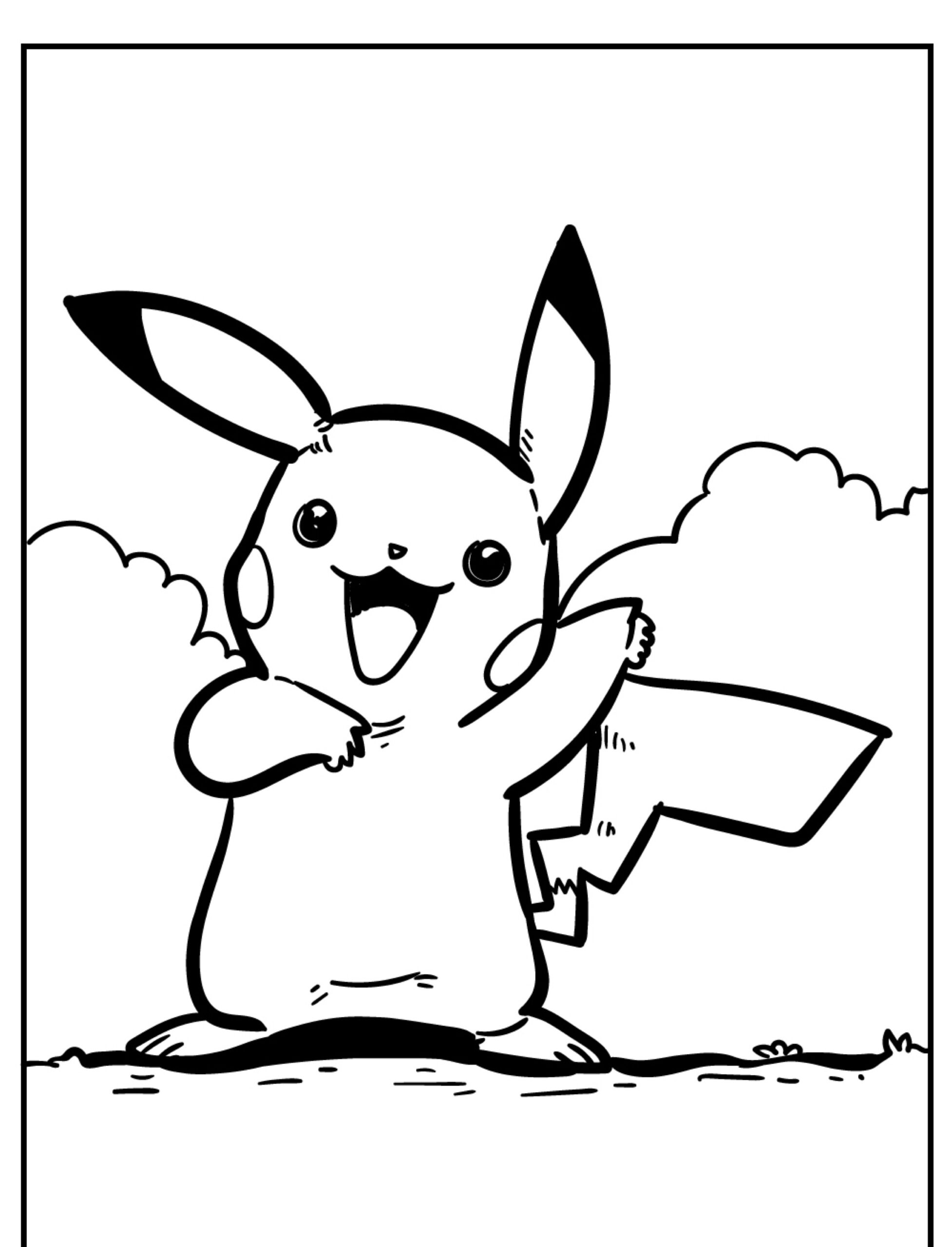 Um desenho em preto e branco do Pikachu em pé com um braço levantado, sorrindo e nuvens ao fundo, perfeito para crianças colorirem. Para colorir.