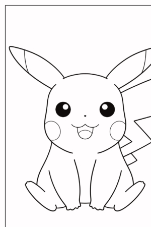 Um desenho simples em preto e branco do Pikachu, um personagem popular do Pokémon, sorrindo com as orelhas para cima e o rabo visível, perfeito para quem quer colorir. Para colorir.