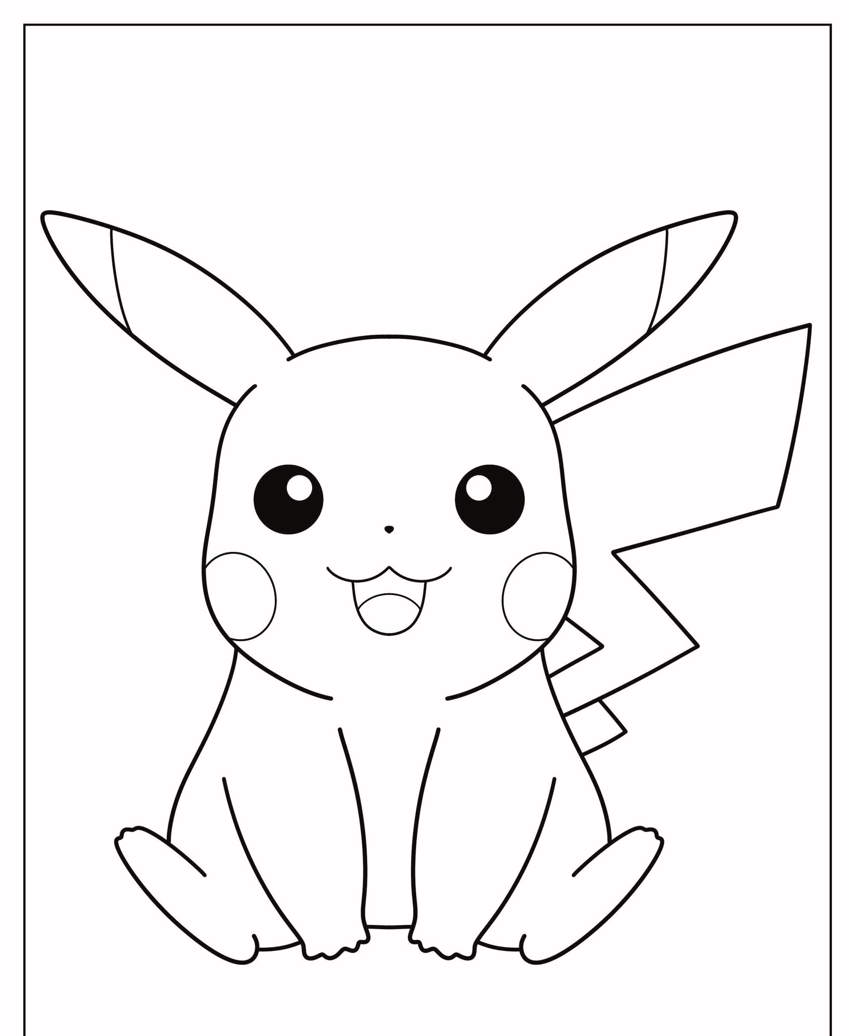 Um desenho simples em preto e branco do Pikachu, um personagem popular do Pokémon, sorrindo com as orelhas para cima e o rabo visível, perfeito para quem quer colorir. Para colorir.