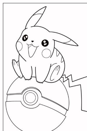 Um Pikachu alegre, pronto para ser pintado, sentado em cima de uma Pokébola com o rabo e as orelhas apontando para cima. Para colorir.