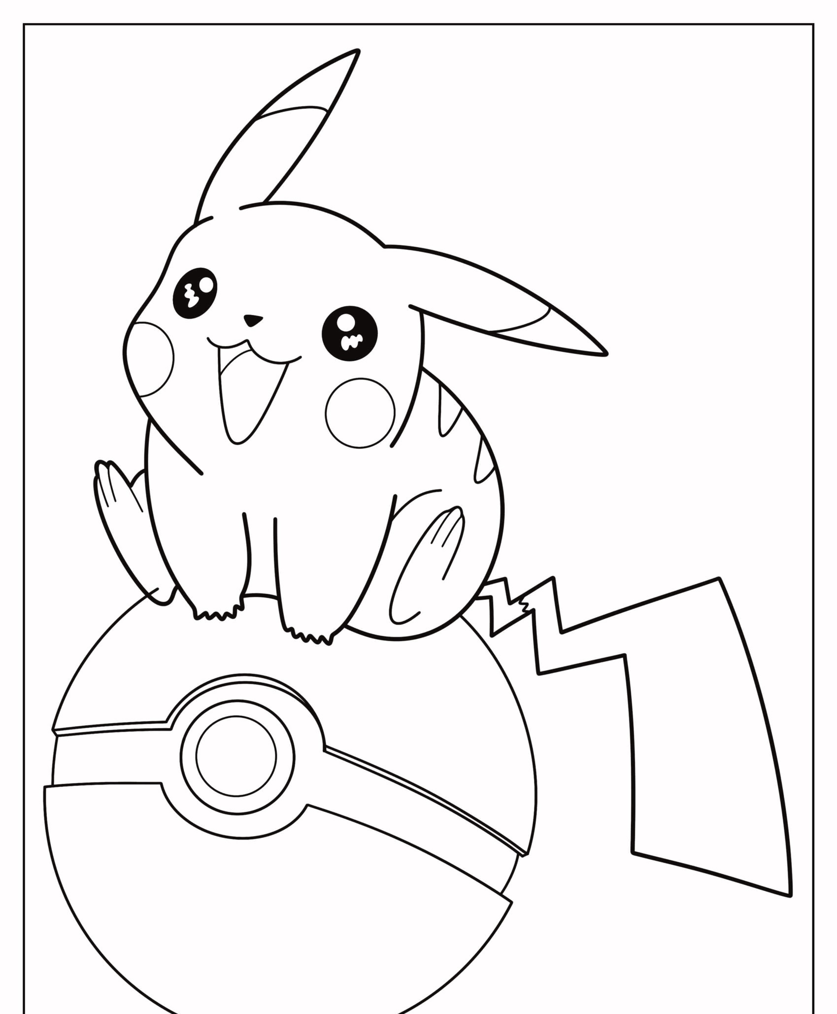 Um Pikachu alegre, pronto para ser pintado, sentado em cima de uma Pokébola com o rabo e as orelhas apontando para cima. Para colorir.