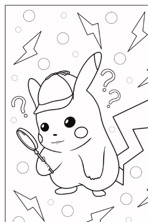 Página para colorir do Pikachu com um chapéu de detetive segurando uma lupa, cercado por pontos de interrogação e raios. Perfeito para colorir! Para colorir.