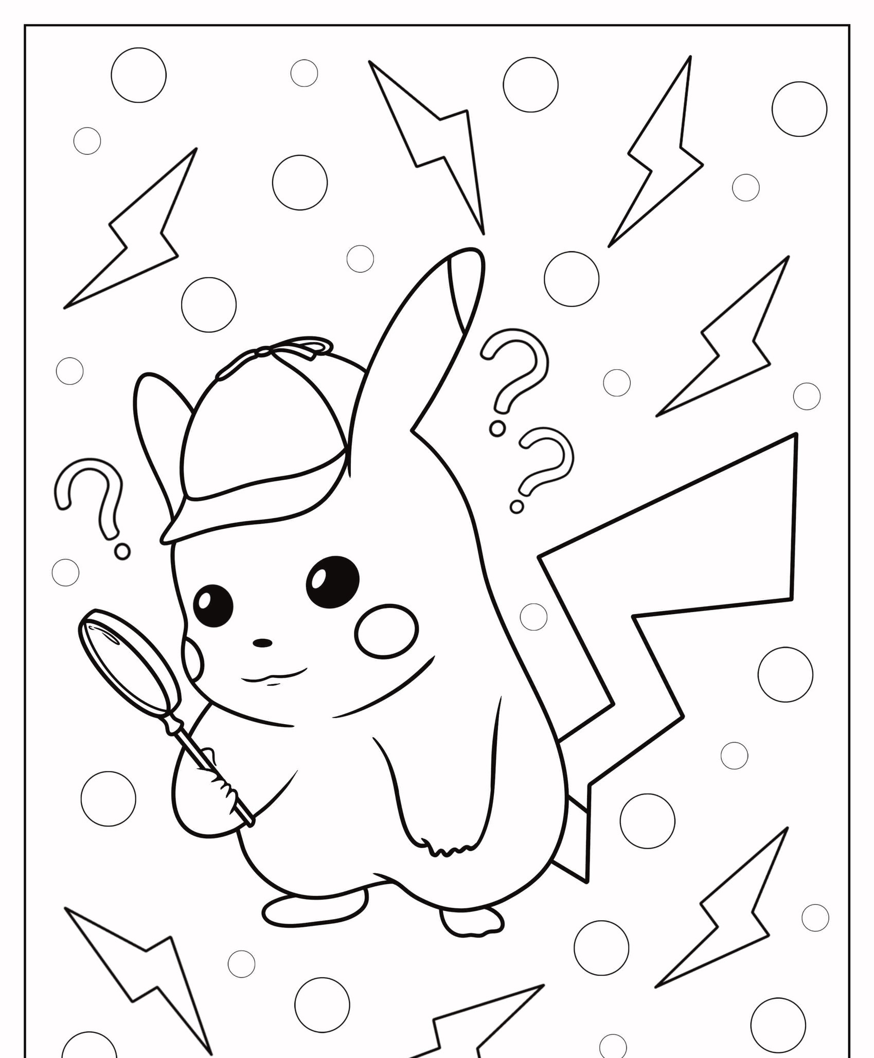 Página para colorir do Pikachu com um chapéu de detetive segurando uma lupa, cercado por pontos de interrogação e raios. Perfeito para colorir! Para colorir.