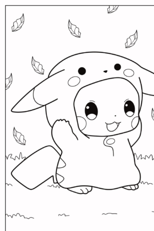 Um personagem de desenho animado fofo fantasiado de Pikachu está acenando em meio a folhas caindo e um fundo gramado, pronto para colorir e se divertir. Para colorir.