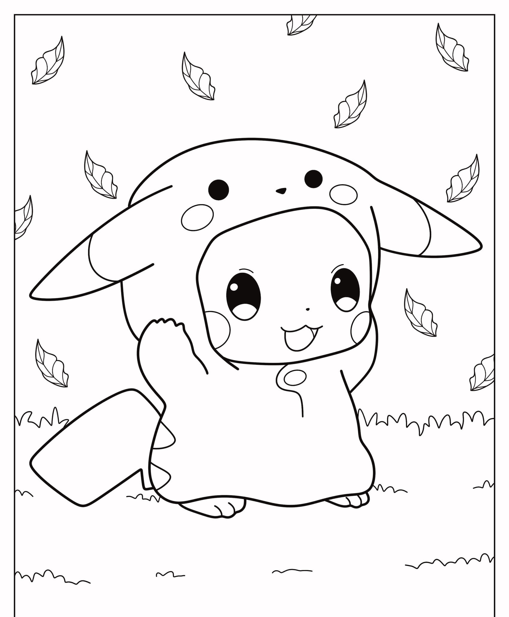 Um personagem de desenho animado fofo fantasiado de Pikachu está acenando em meio a folhas caindo e um fundo gramado, pronto para colorir e se divertir. Para colorir.