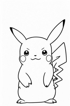 Ilustração em preto e branco de Pikachu, um personagem de Pokémon, de pé e olhando para frente com uma expressão neutra, perfeita para quem quer colorir sua própria versão do Pikachu. Para colorir.