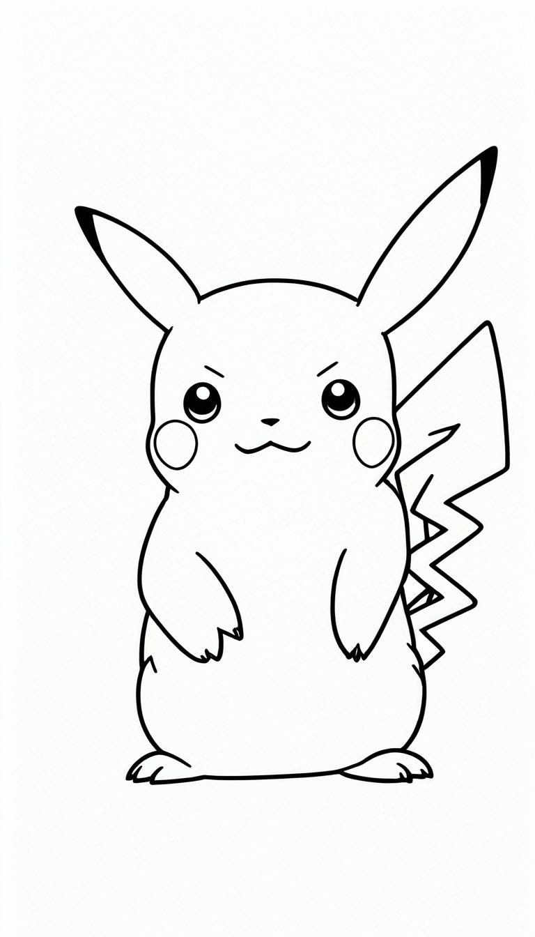 Ilustração em preto e branco de Pikachu, um personagem de Pokémon, de pé e olhando para frente com uma expressão neutra, perfeita para quem quer colorir sua própria versão do Pikachu. Para colorir.