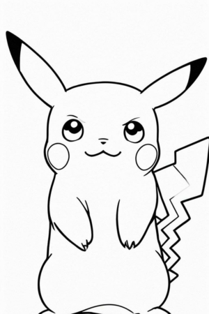 Desenho em preto e branco do Pikachu em pé com uma expressão determinada, perfeito para colorir para crianças. Para colorir.