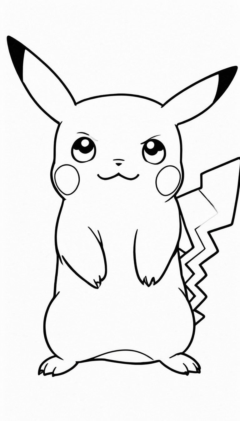 Desenho em preto e branco do Pikachu em pé com uma expressão determinada, perfeito para colorir para crianças. Para colorir.