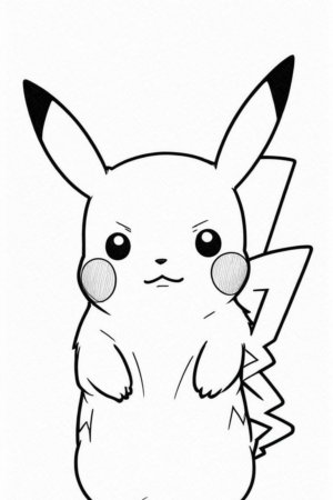 Desenho em preto e branco do Pikachu, um personagem popular do Pokémon, em pé com os braços levemente levantados, perfeito para colorir. Para colorir.