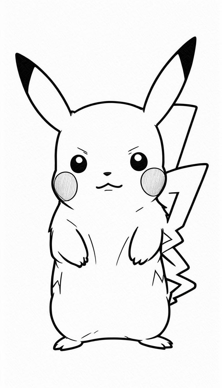 Desenho em preto e branco do Pikachu, um personagem popular do Pokémon, em pé com os braços levemente levantados, perfeito para colorir. Para colorir.