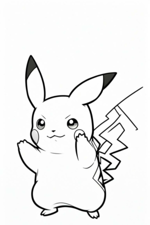 Um desenho em preto e branco do Pikachu, um Pokémon elétrico pequeno e gordinho com orelhas pontudas e uma cauda em zigue-zague, perfeito para colorir. Para colorir.