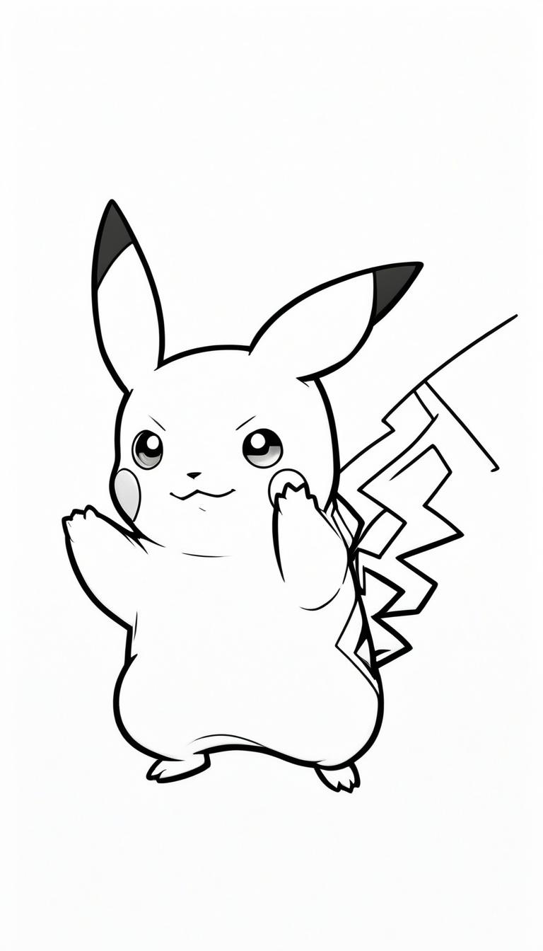 Um desenho em preto e branco do Pikachu, um Pokémon elétrico pequeno e gordinho com orelhas pontudas e uma cauda em zigue-zague, perfeito para colorir. Para colorir.