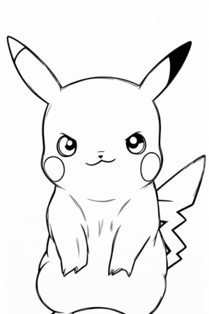 Um desenho em preto e branco do Pikachu em pé, olhando para frente com uma expressão confiante, perfeito para crianças colorir. Para colorir.