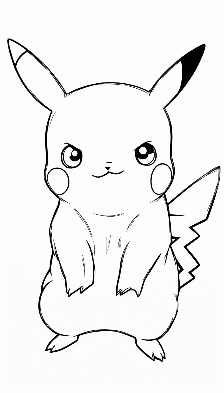 Um desenho em preto e branco do Pikachu em pé, olhando para frente com uma expressão confiante, perfeito para crianças colorir. Para colorir.