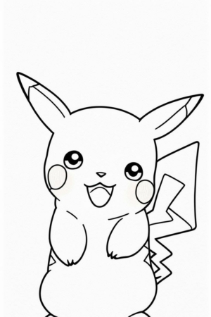 Desenho em preto e branco do Pikachu, um pequeno personagem parecido com um rato, com orelhas grandes, bochechas redondas e uma cauda em forma de raio. Perfeito para os fãs colorirem e darem vida a esse amado personagem. Para colorir.