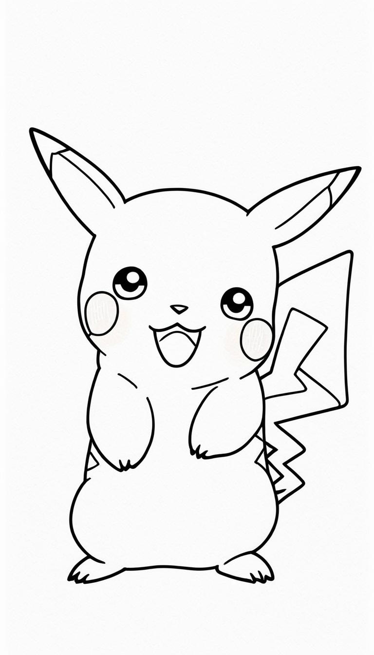 Desenho em preto e branco do Pikachu, um pequeno personagem parecido com um rato, com orelhas grandes, bochechas redondas e uma cauda em forma de raio. Perfeito para os fãs colorirem e darem vida a esse amado personagem. Para colorir.