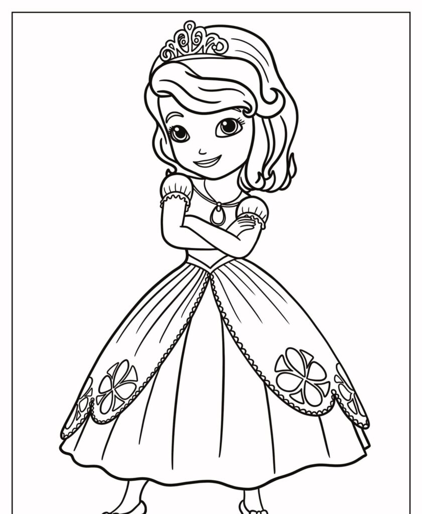 Desenho esboçado de uma jovem princesa em um vestido longo e tiara, sorrindo com os braços cruzados. Perfeito para fãs de desenho para colorir!