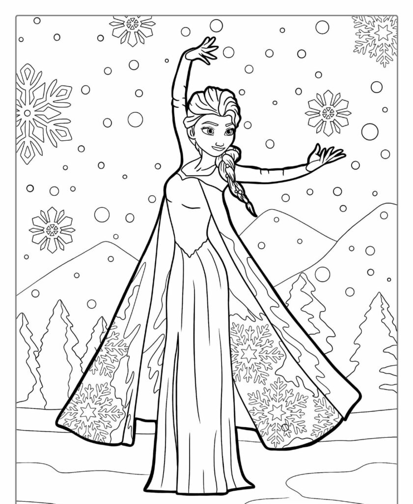 Uma página para colorir de uma princesa com cabelo trançado em um vestido, posicionada em uma paisagem nevada com árvores e montanhas. Ideal para fãs de desenhos das princesas da Disney.