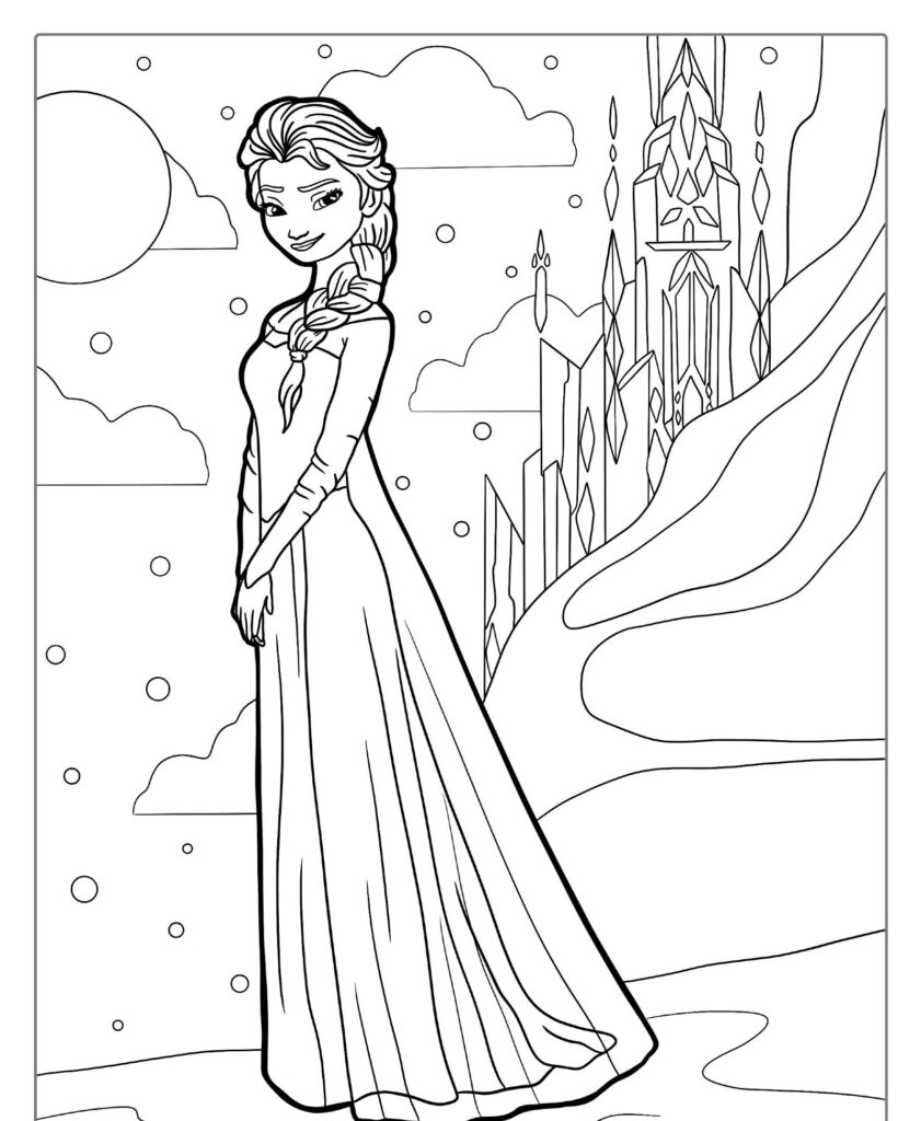 Uma princesa em um vestido esvoaçante está em frente a um castelo de gelo com uma lua e flocos de neve ao fundo, que lembra as princesas da Disney, o que a torna perfeita para desenhos para colorir.