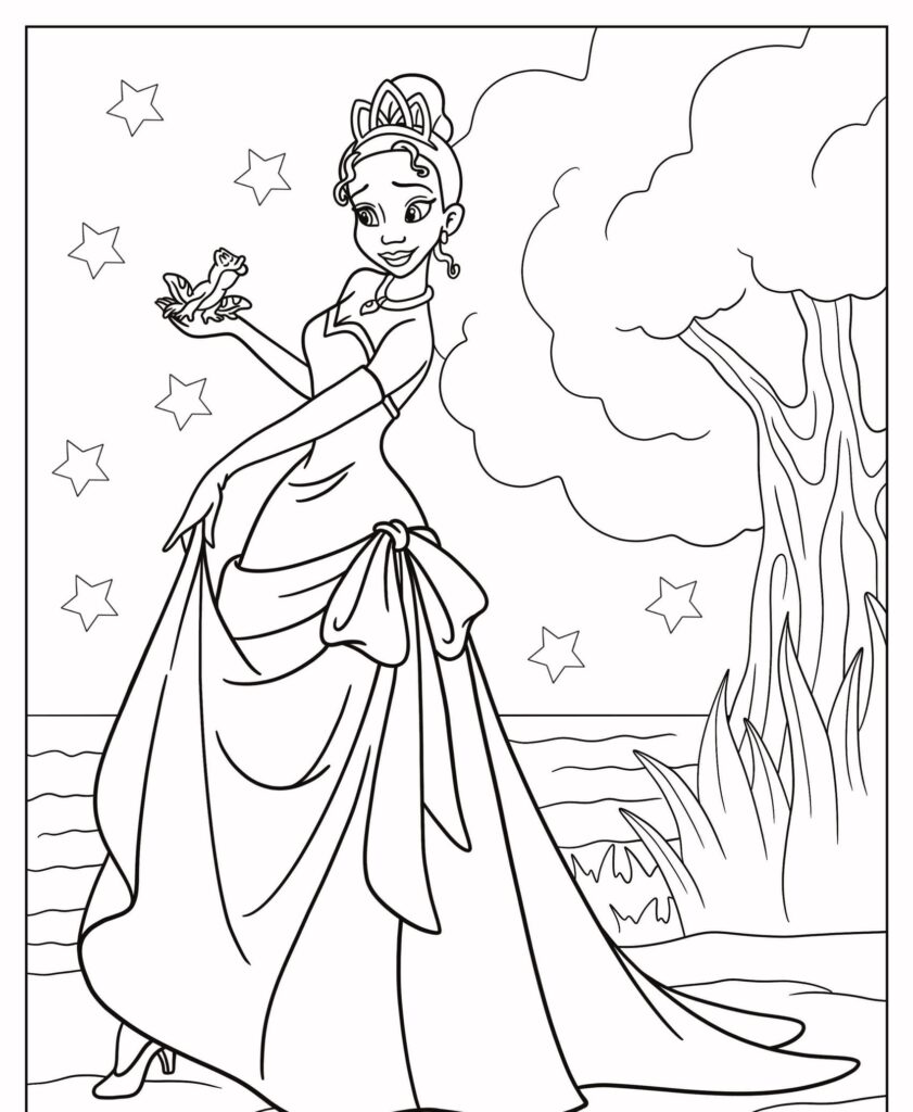 Uma princesa da Disney segurando um sapo e sorrindo, usando um vestido e tiara, com estrelas e uma árvore ao fundo — perfeita para desenhos para colorir.