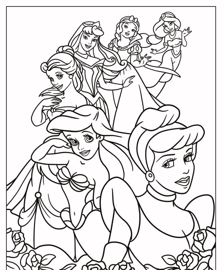 Desenho de cinco princesas da Disney, cada uma posando de forma diferente usando vestidos, cercadas por rosas na parte inferior — desenho para colorir perfeito.