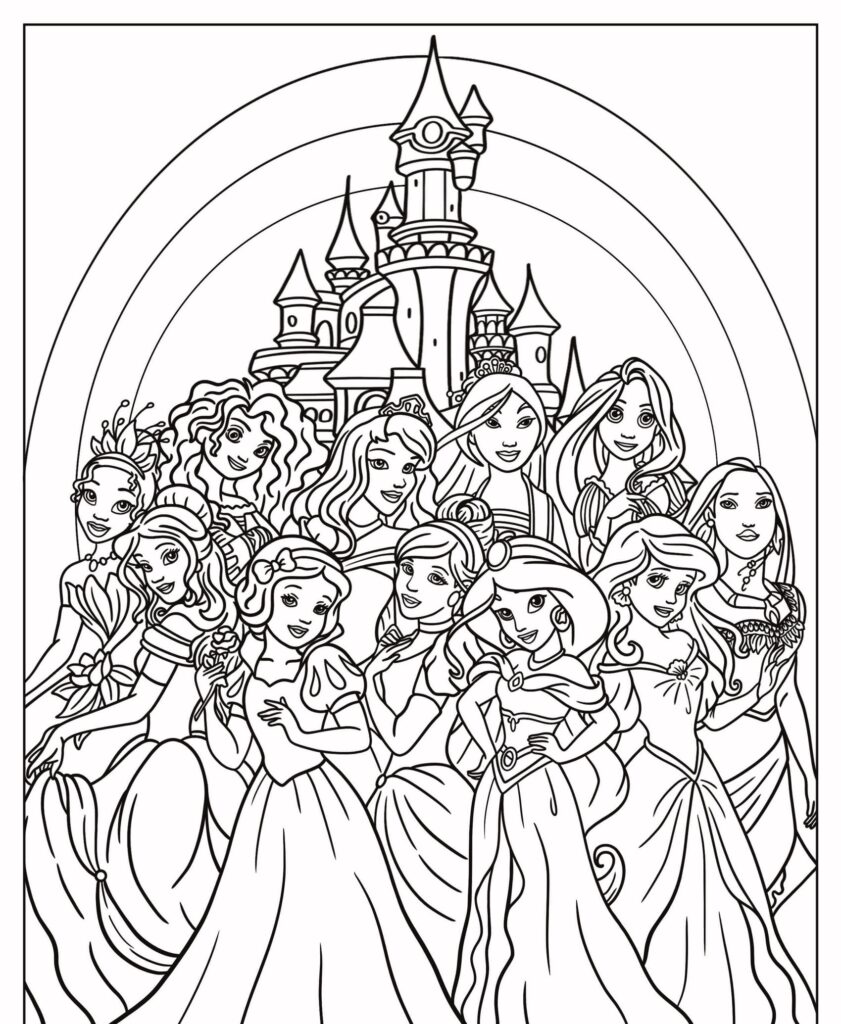 Um grupo de princesas da Disney está em frente a um castelo com um arco-íris no alto em um desenho das princesas para colorir.