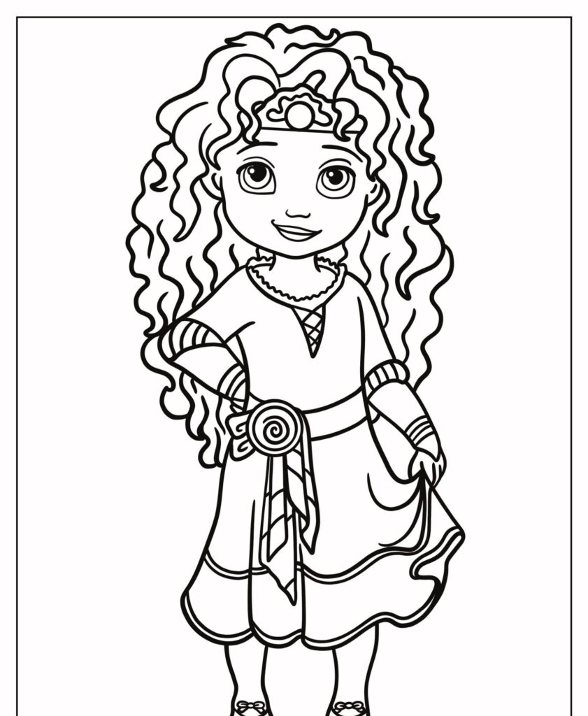 Uma página para colorir de uma menina com cabelos cacheados, usando um vestido e uma tiara, segurando um pirulito, perfeita para fãs de desenhos de princesas.