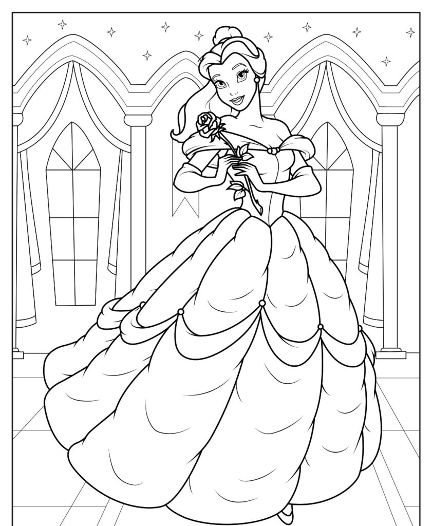 A Princesa Bela, uma das princesas da Disney, está graciosamente em um salão de baile, segurando uma rosa e usando um vestido formal, saído diretamente de uma página de desenho para colorir.