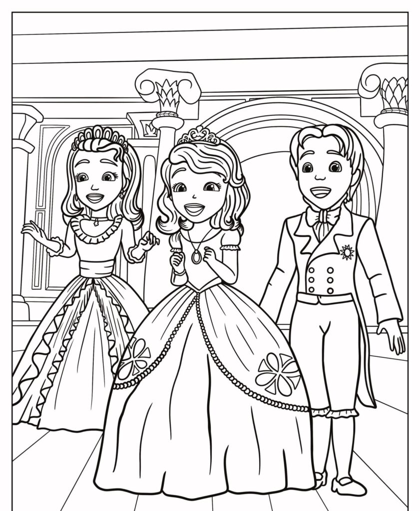 Três crianças vestidas como realeza estão em uma grande sala, sorrindo e de mãos dadas. As meninas, parecendo princesas da Disney em seus vestidos, e o menino de terno parecem perfeitos, como se tivessem acabado de sair de um desenho para colorir.