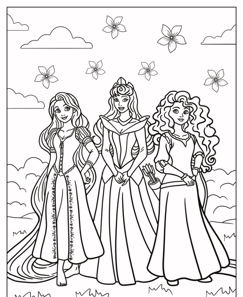 Três princesas da Disney em vestidos e becas, juntas em um campo com flores, nuvens e árvores ao fundo, criando desenhos para colorir perfeitos.