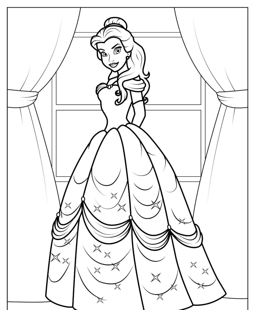 Uma princesa de cabelos longos, em um vestido elegante, está parada entre cortinas drapeadas, possivelmente em frente a uma janela, parecendo ter saído de um daqueles desenhos para colorir encantadores de "princesas da disney".