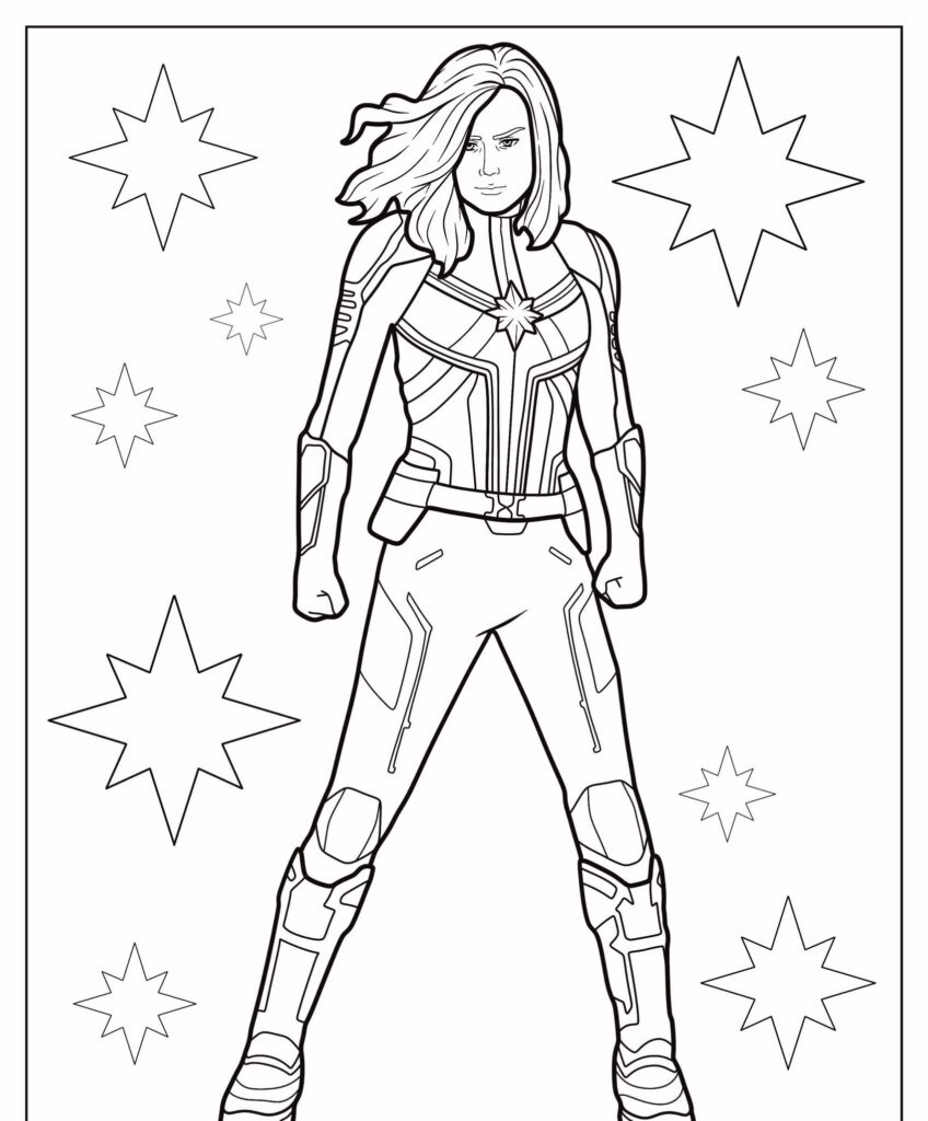 Uma pessoa vestindo armadura em uma postura heróica com padrões em forma de estrela no fundo, perfeito para quem gosta de colorir super herois desenhos para colorir.