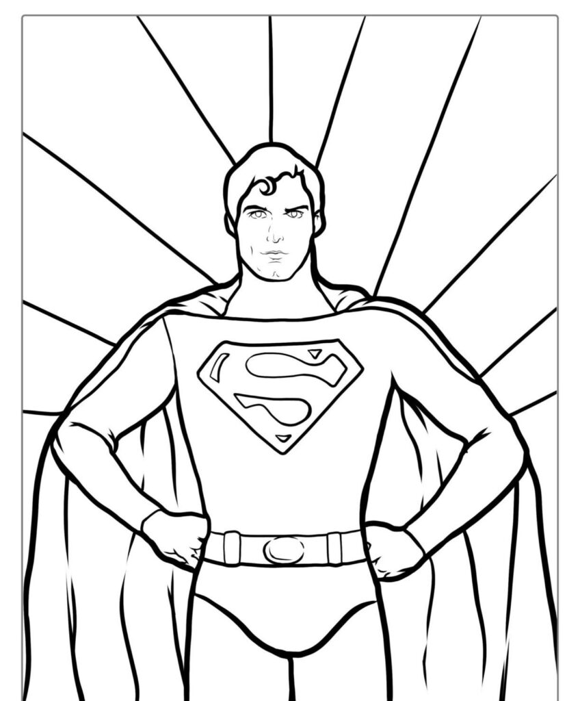 Desenho em preto e branco de um super-herói com um "S" no peito, de pé, com as mãos na cintura e fundo de raios de sol. Perfeito para quem ama desenho para colorir super herois.