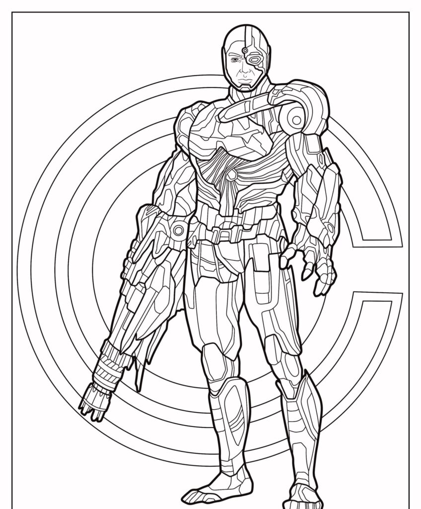 Line art de um super-herói em armadura de alta tecnologia, segurando uma arma grande, com um fundo de um emblema circular. Perfeito para desenho para colorir, esta cena captura a essência dos super-heróis em ação.