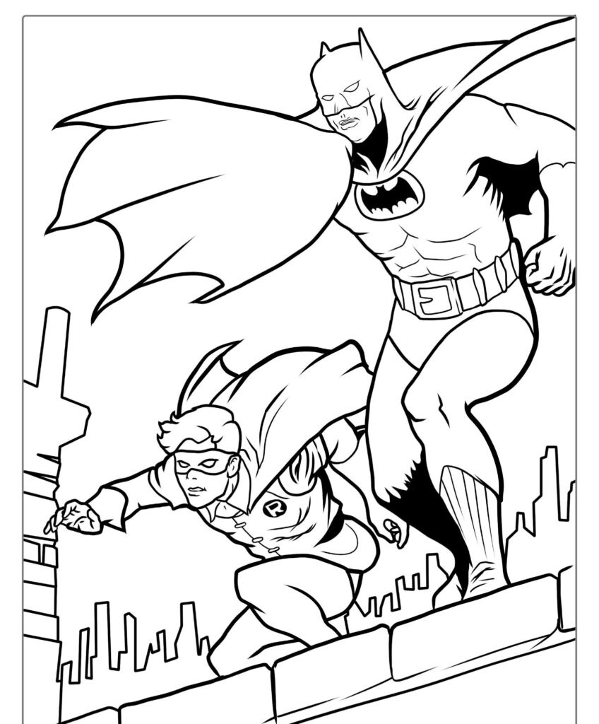 Desenho em preto e branco do Batman e do Robin correndo em um telhado com uma paisagem urbana ao fundo, perfeito para desenho para colorir.