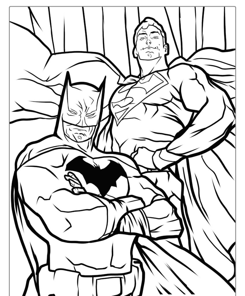 Desenho de Batman e Superman em pé, confiantes, com os braços cruzados, perfeito para desenho para colorir para fãs de super-heróis.