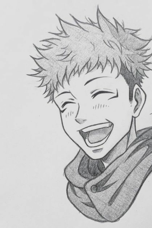 Um esboço de uma pessoa jovem e alegre com cabelo espetado, sorrindo amplamente e usando um cachecol. O desenho inspirado em anime captura sua energia vibrante sem esforço. Para desenhar -