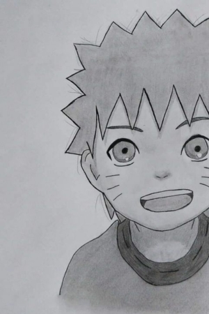 Desenho a lápis de anime de um garoto sorridente com cabelo espetado e marcas semelhantes a bigodes nas bochechas. Para desenhar -