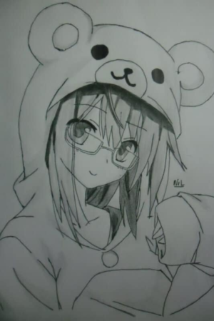 Desenho inspirado em anime de uma garota de óculos, vestindo um moletom de urso e segurando um urso de pelúcia, sorrindo gentilmente. Para desenhar -