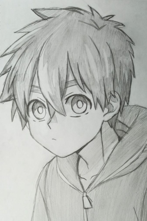 Esboço de um garoto de anime com cabelo espetado, olhos grandes e um capuz, olhando ligeiramente para o lado. Perfeito para qualquer um que ama desenhar ou aprecia desenho detalhado. Para desenhar -