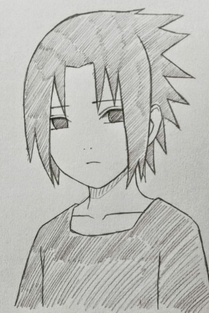 Desenho em preto e branco de um personagem de anime com cabelo espetado e uma expressão séria, vestindo uma camisa simples. Para desenhar -