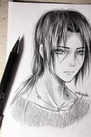 Esboço de um personagem de cabelos longos e expressão sombria, ao lado de uma lapiseira no lado esquerdo do papel — um verdadeiro exemplo clássico de um Anime Para Desenhar. Para desenhar -