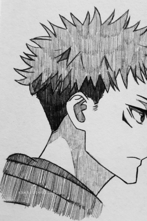 Desenho em preto e branco no estilo mangá de um jovem contemplativo com cabelo espetado, visto de perfil, refletindo a essência de um desenho clássico de anime. Para desenhar -