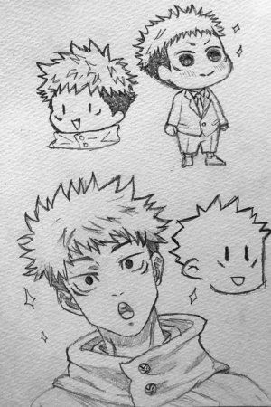 Vários esboços de um personagem de cabelo espetado em diferentes estilos, incluindo chibi e um retrato detalhado de mangá. Os desenhos inspirados em anime capturam a essência do personagem brilhantemente. Para desenhar -