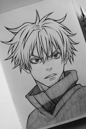 Desenho em preto e branco de um personagem de anime de cabelo espetado e expressão intensa, ao lado de uma lapiseira. Para desenhar -