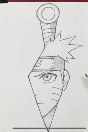 Desenho de um rosto de personagem anime combinado com uma kunai, parcialmente ocultado pela forma afiada. Para desenhar -